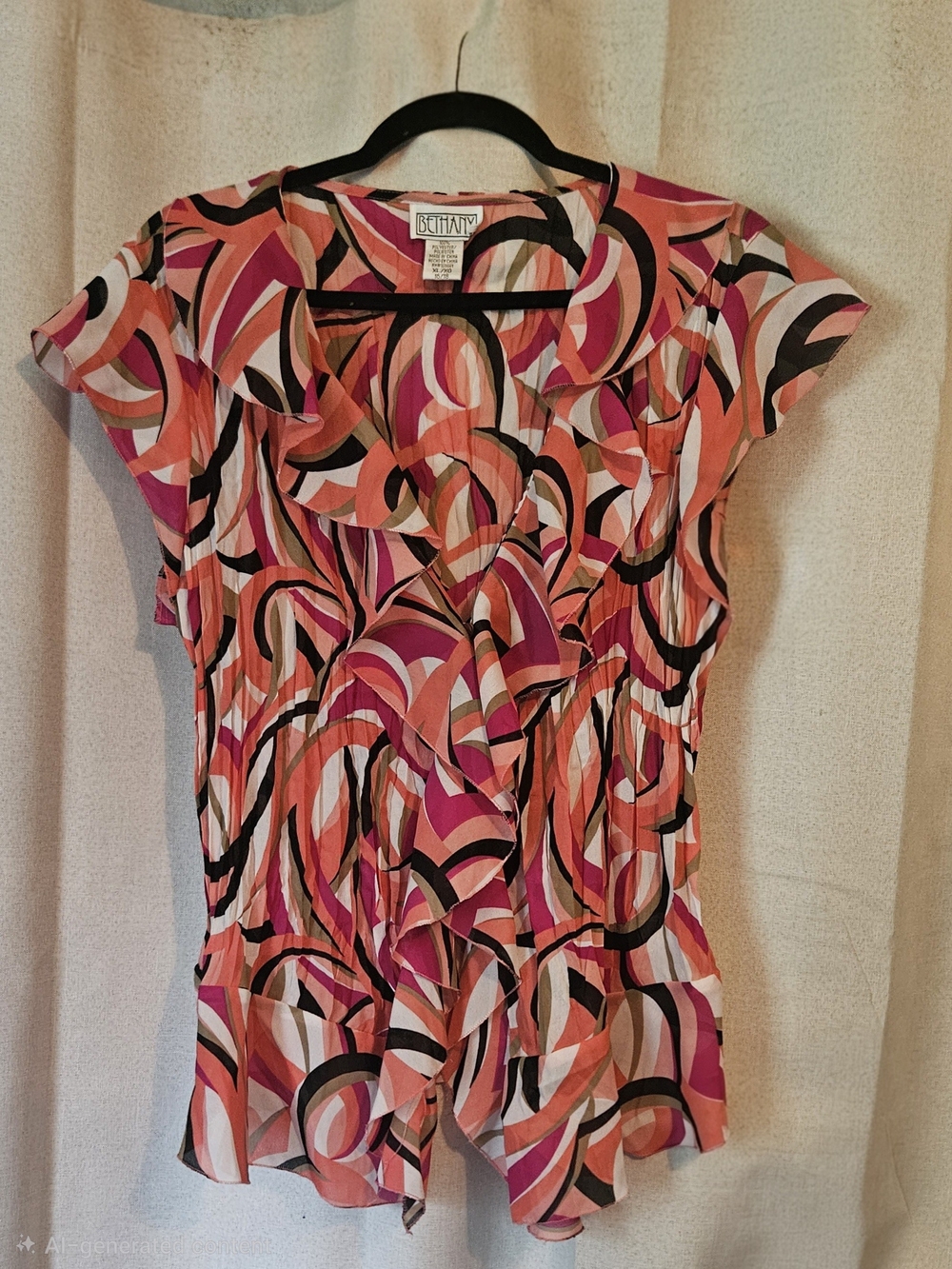 Bethany Mota Pink and Orange Abstract Ruffle Cap-Sleeve Blouse